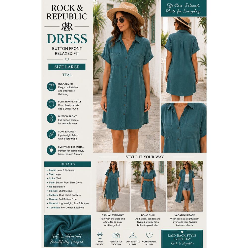 Rock & Republic Dress Button Front SZL Teal Relaxed Fit Short Sleeve Casual